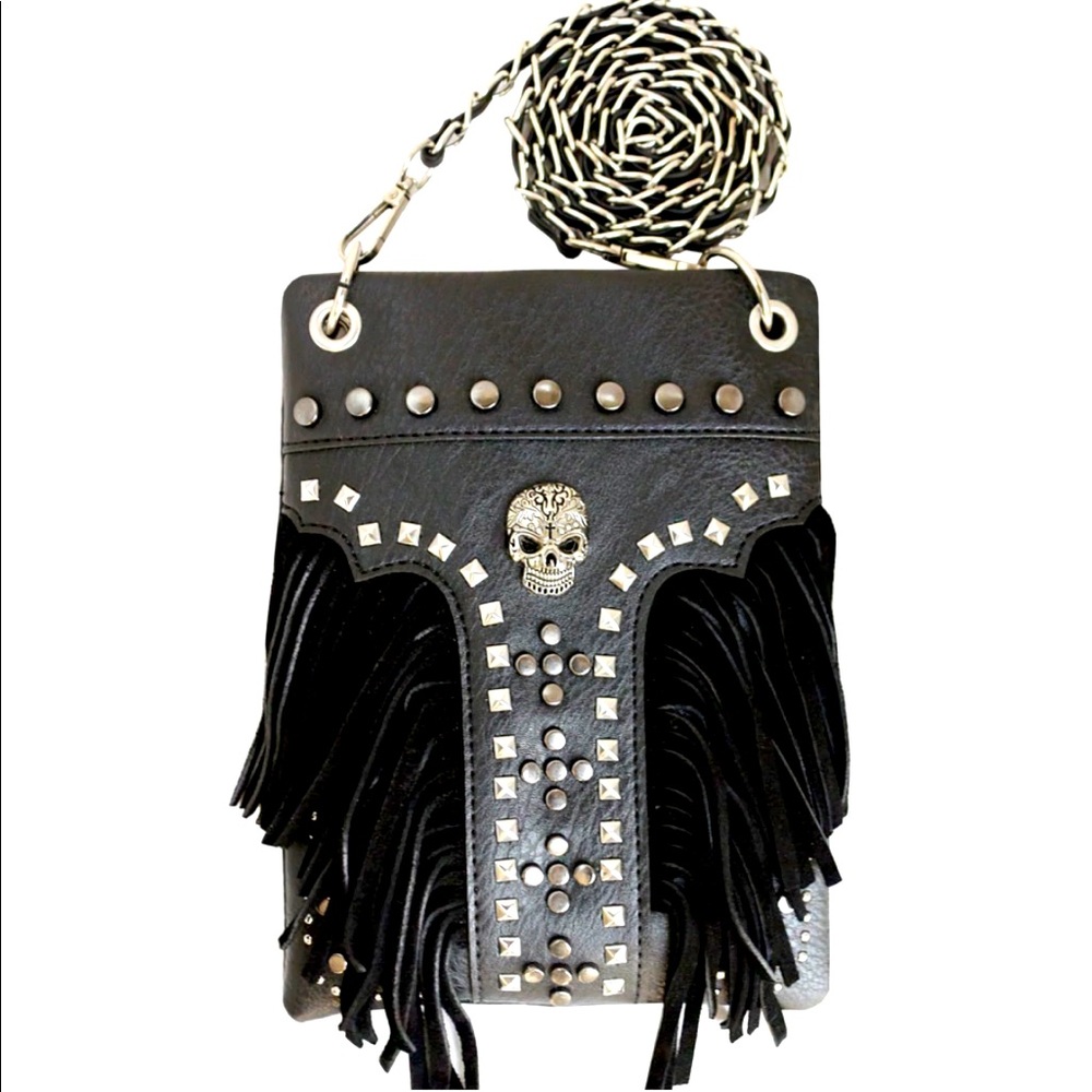 Skull Concho Fringe Studded Mini Crossbody Bag